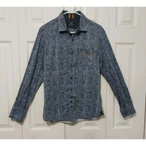 Across the Pond Men's Button Up Shirt Blue Geometric Long Sleeve 100% Cotton Med